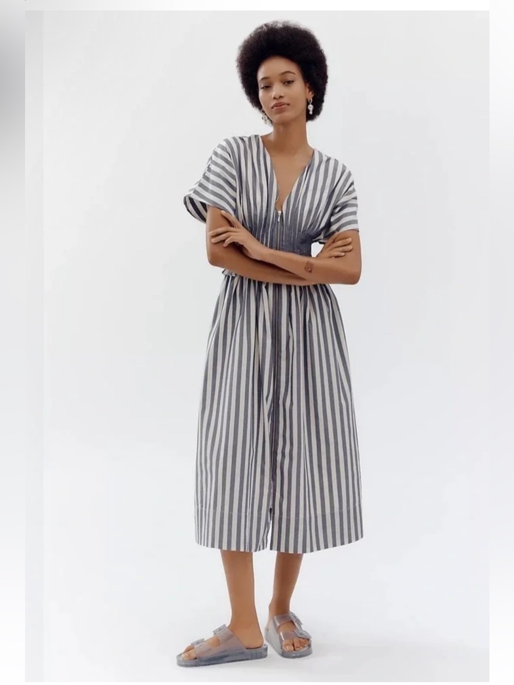Anthropologie Blue White Striped Pleated Midi Dress Smocked Waist V-Neck Medium